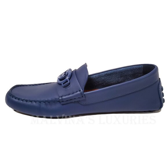 GUCCI SHOES MENS LOAFERS MOCCASINS G LOGO BLUE LEATHER - Picture 8 of 16